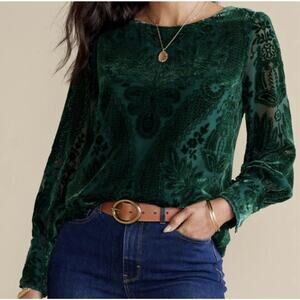 Soft Surroundings Vanetta Top Size L Dark Green Velvet Floral Lined Blouse 2FZ92